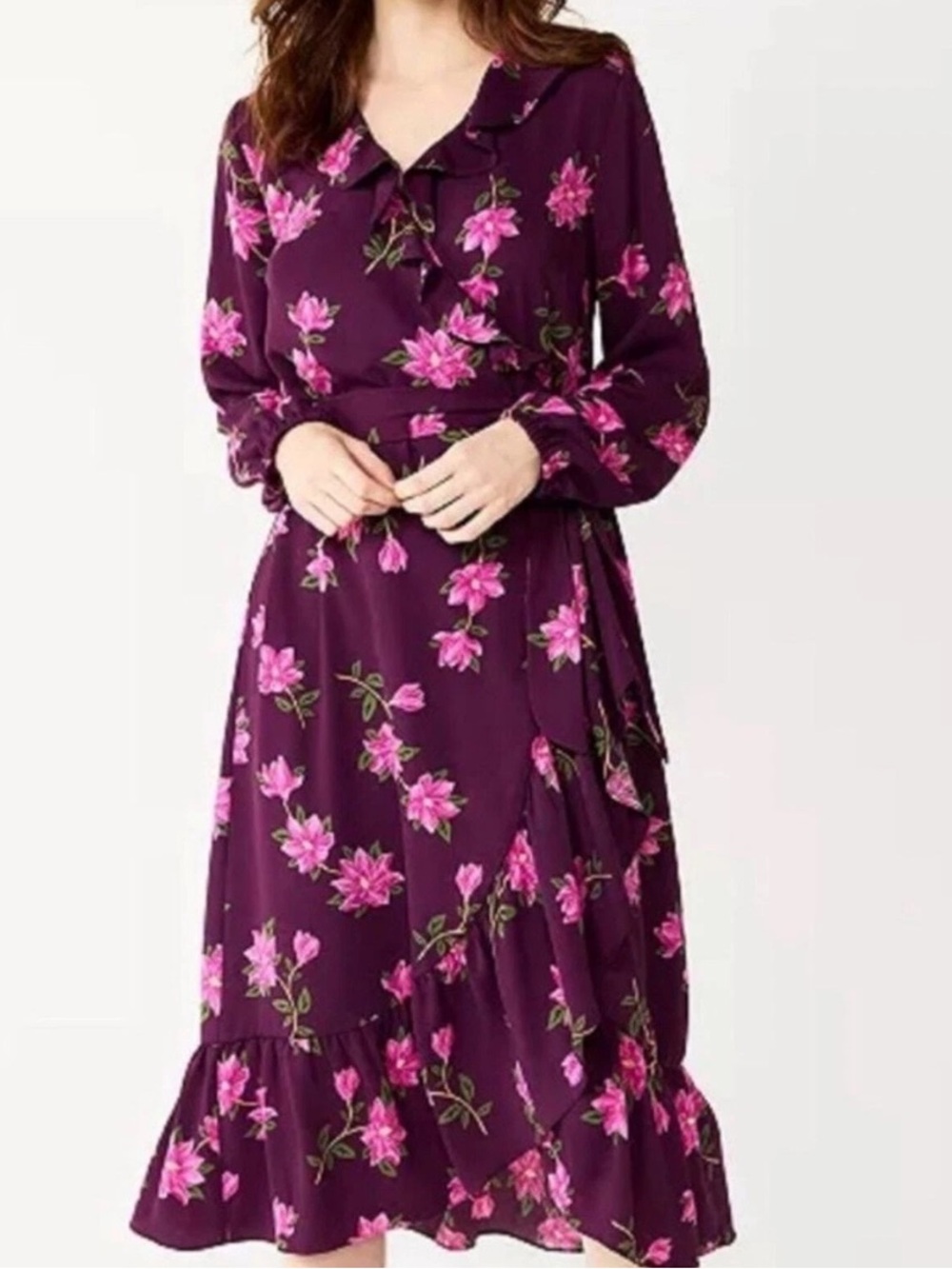 Draper James RSVP Plum Floral Ruffle Wrap Surplice Midi Dress 1X - Picture 8 of 9
